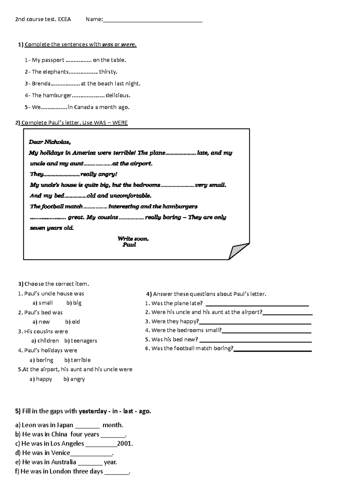 2nd Course Test: WAS/WERE Practice Exercises and Questions - Studocu