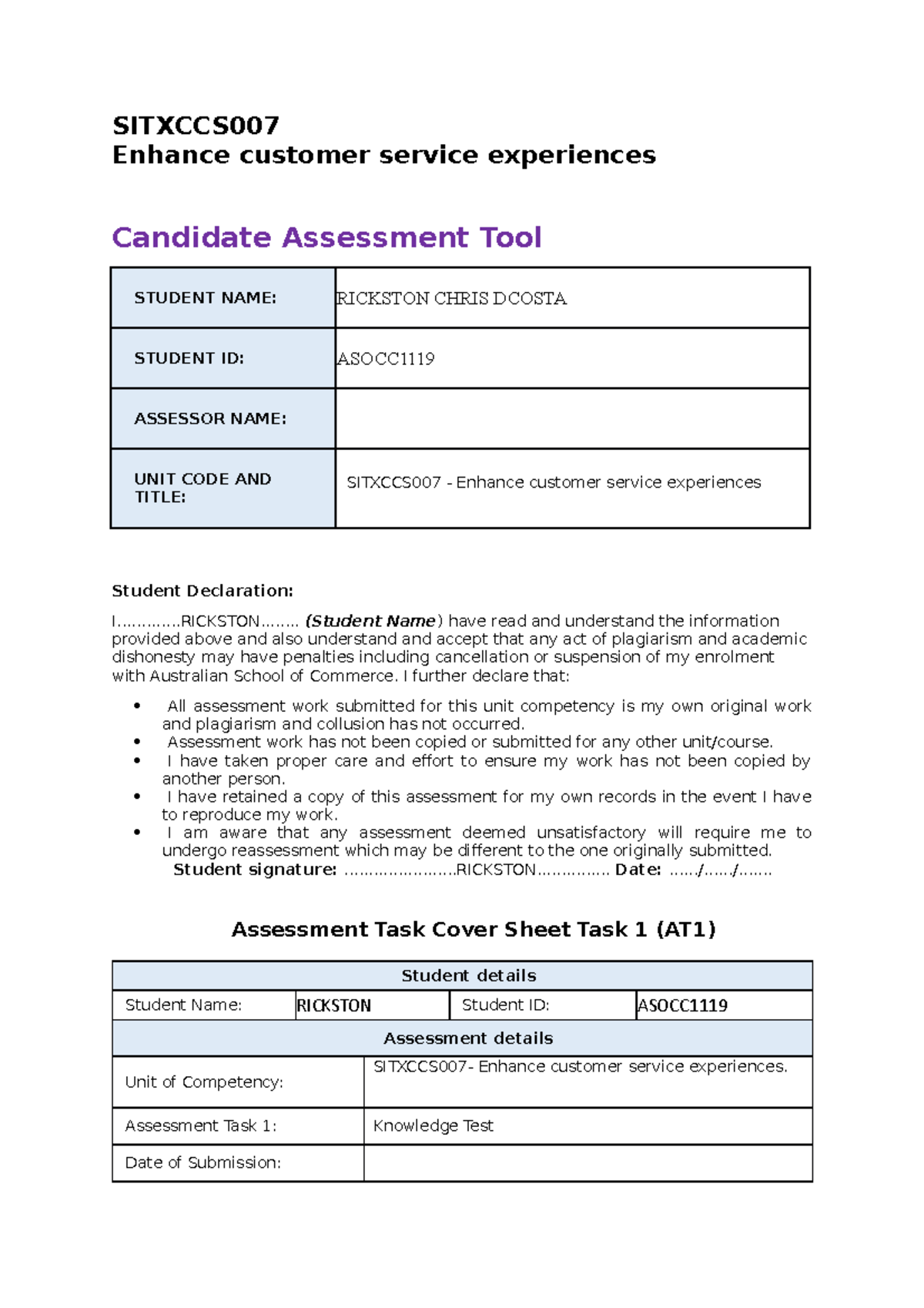 SITXCCS007 - Knowledge Test Responses for Customer Service Assignment ...