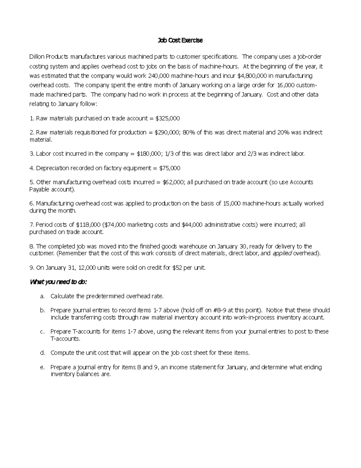 Exercice Job Cost Exercise Problem Only - Job Cost Exercise Dillon ...