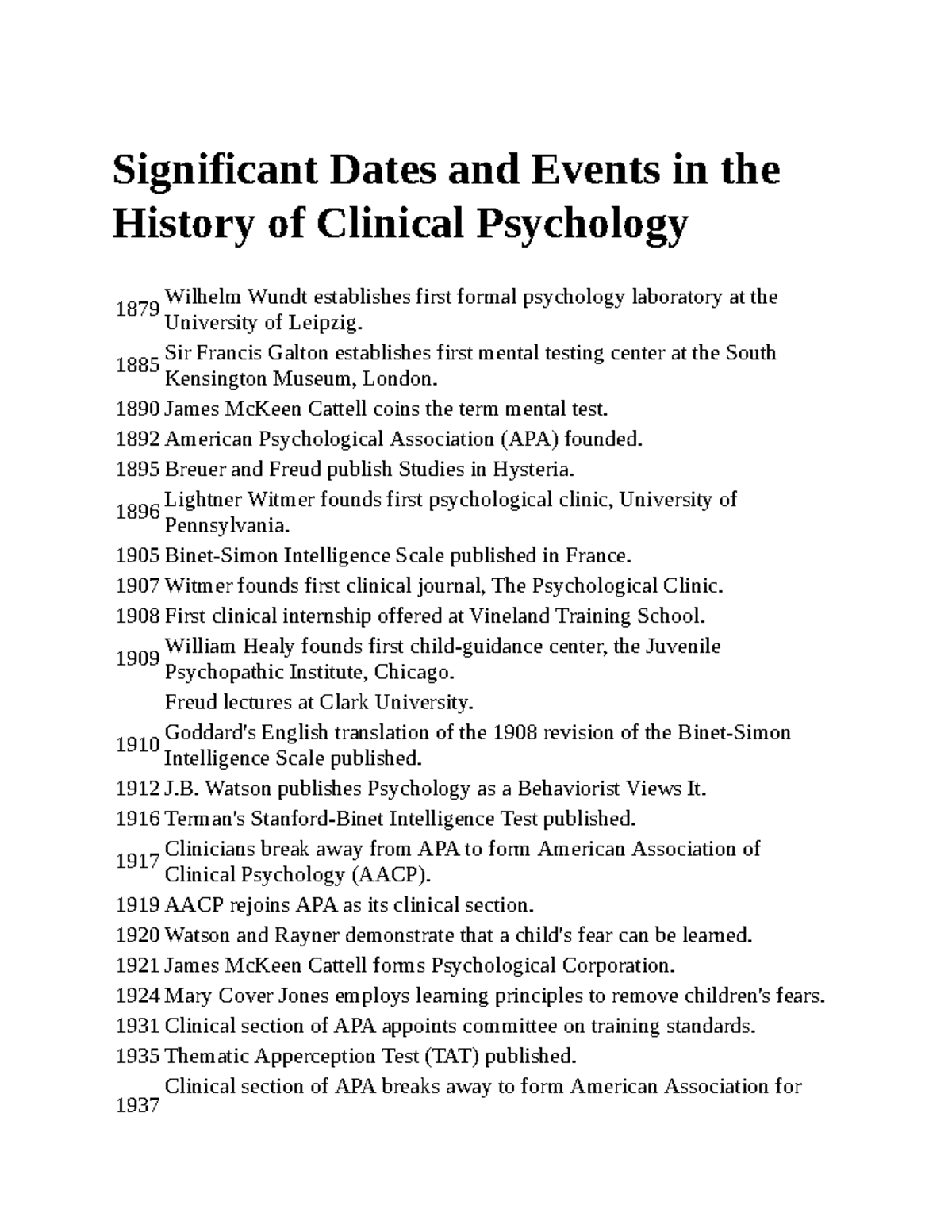 Significant Dates and Events in the History of Clinical Psychology ...