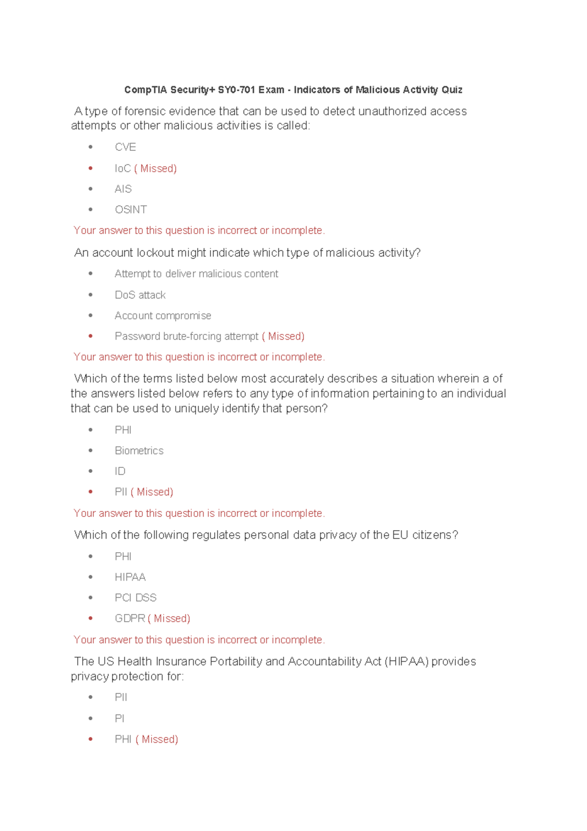CompTIA Sec+ 12-24 Malicious Activity Indicators Quiz - Studocu