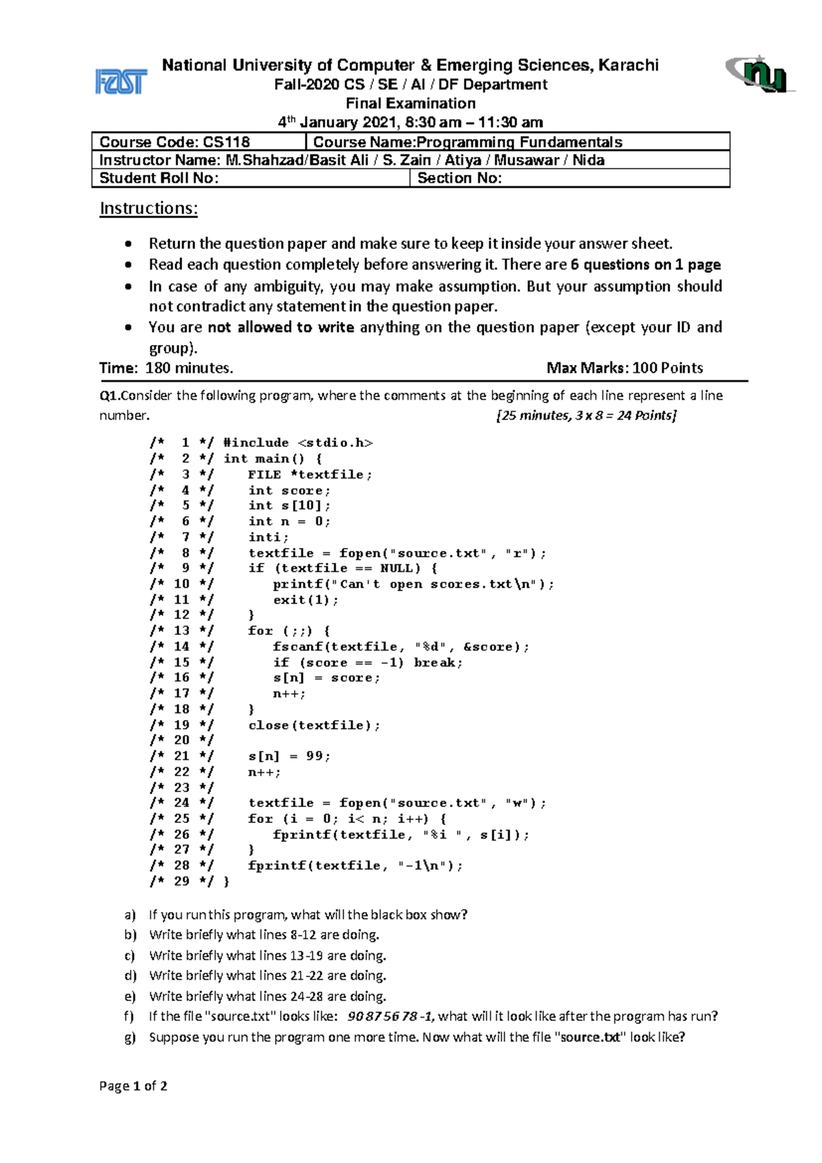 PF Final Exam CS118 - Programming Fundamentals, 4th Jan 2021 - Studocu