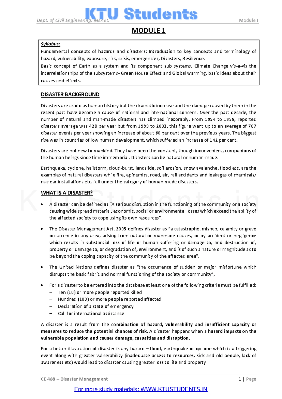 DM 3 Short Notes on Disaster Risk Management - Ktunotes - Studocu