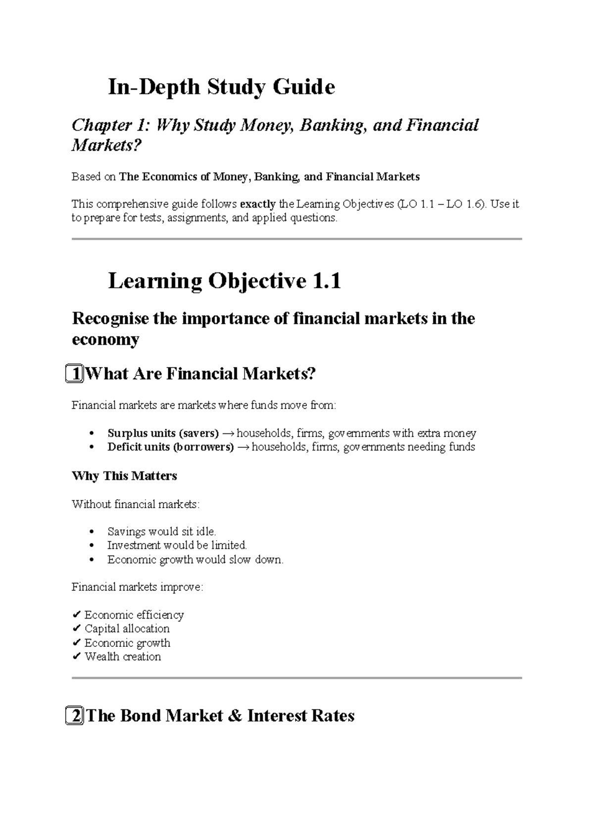 Unit 1 Study Guide: Money, Banking, and Financial Markets Overview ...
