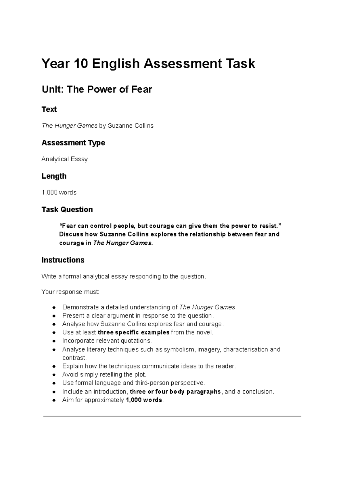 Year 10 English Assessment: Analyzing Fear and Courage in The Hunger ...
