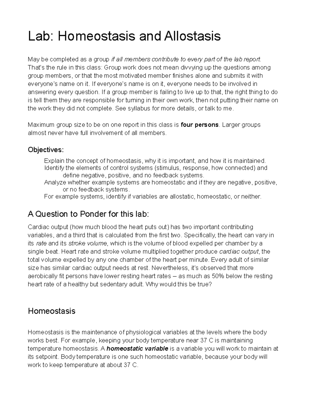 Lab Report: Homeostasis and Allostasis - Course Code Homeolab - Studocu