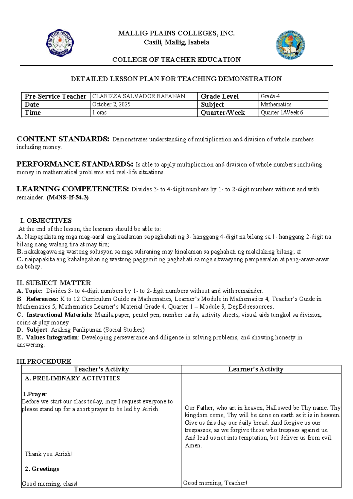 Detailed Lesson Plan on Division for Grade 4 Mathematics (MATH 4) - Studocu