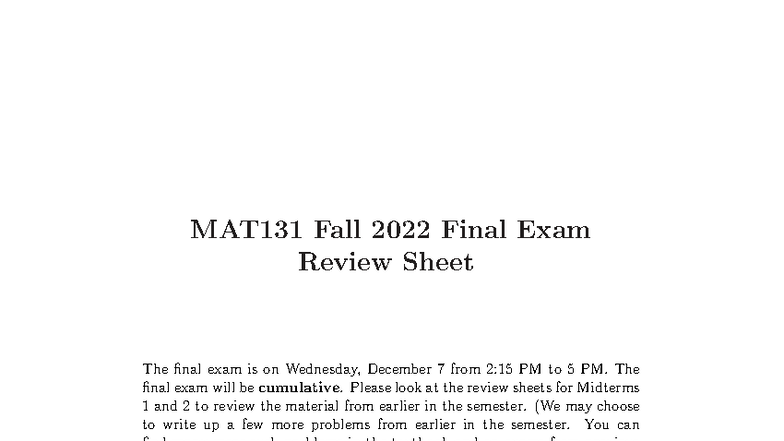 MAT131 Fall 2022 Final Exam Review Guide - Studocu