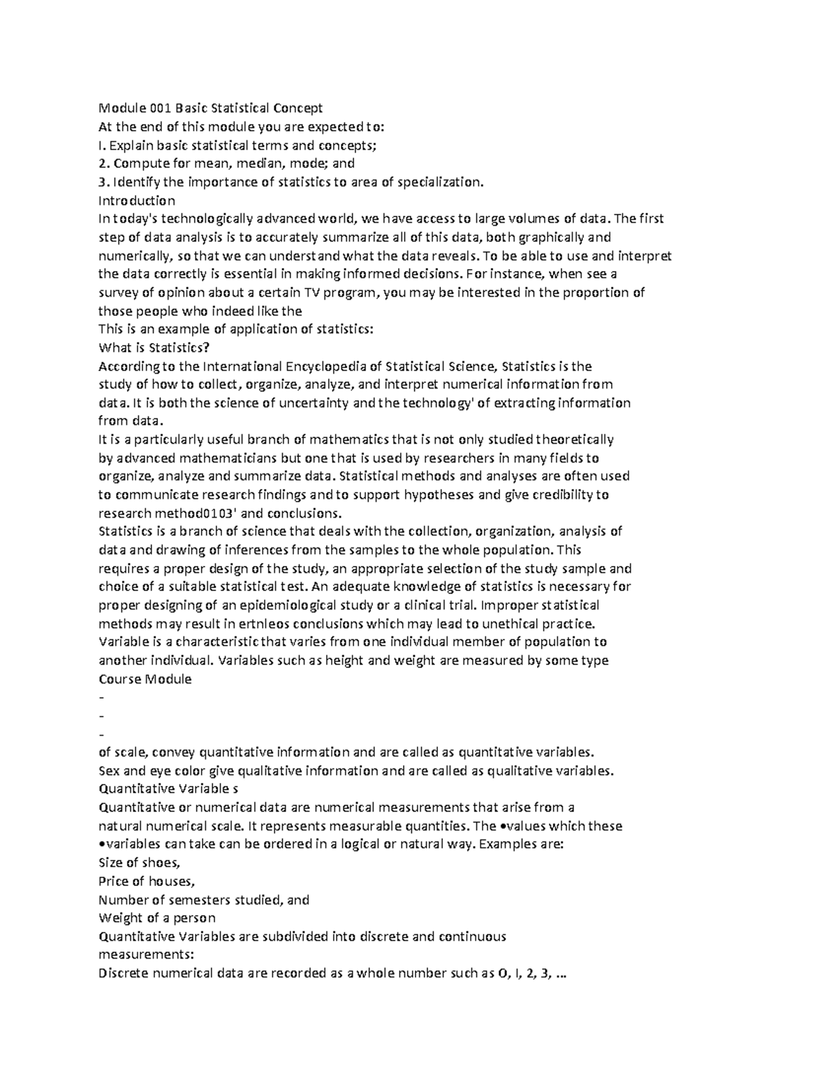Module 001: Basic Statistical Concepts - Prelim Answer Guide - Studocu