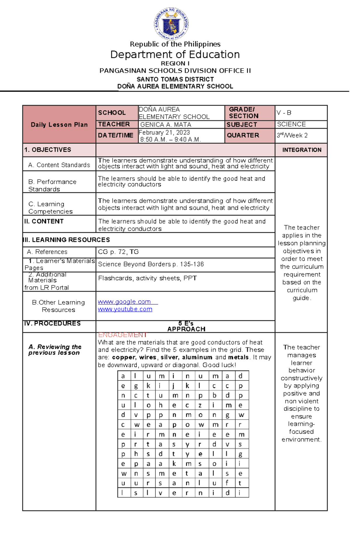 COT Lesson Plan for Science 5 - Quarter 3, Week 2 Activities - Studocu