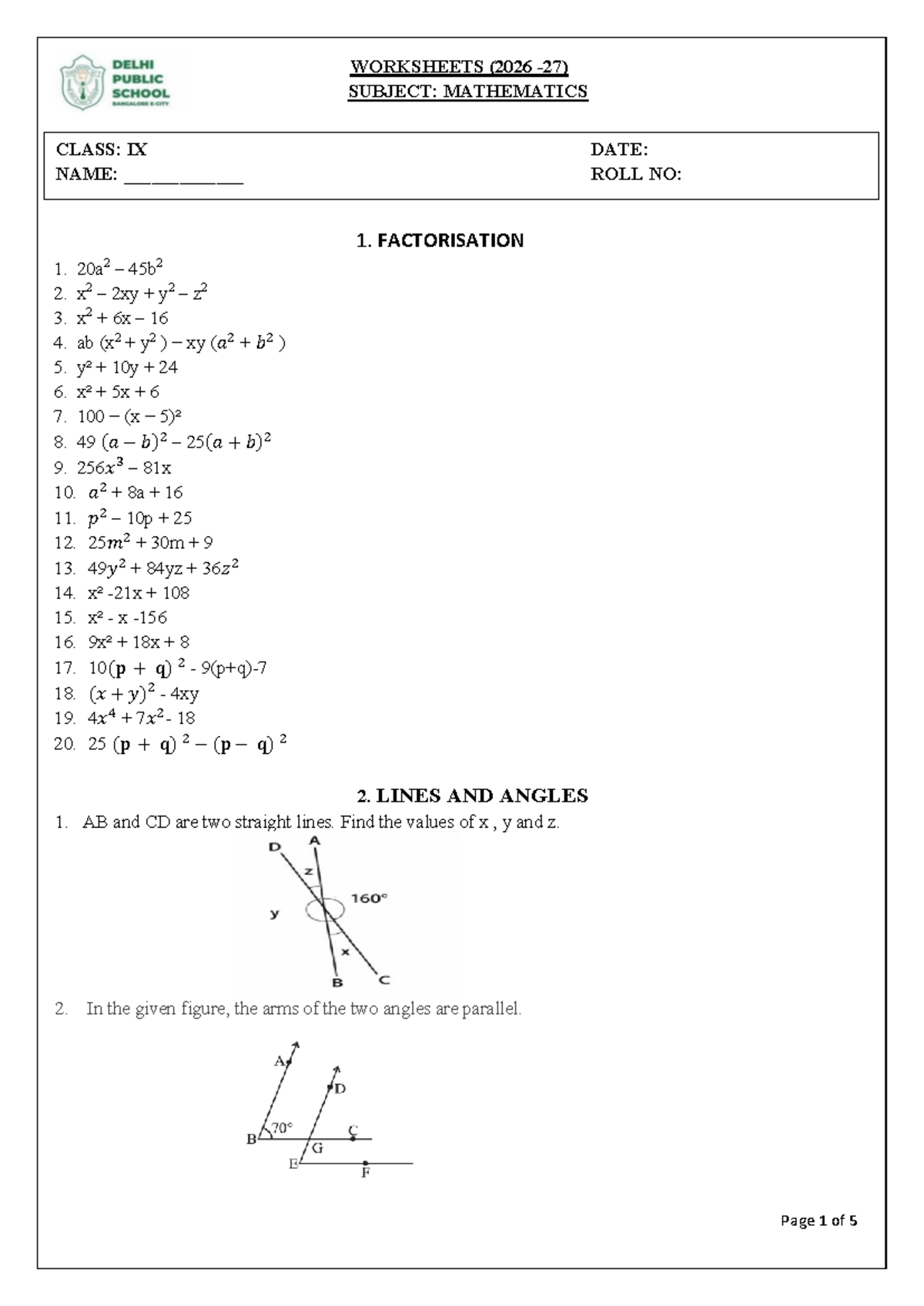 Mathematics IX Worksheets: Factorization, Angles, Quadrilaterals, and ...