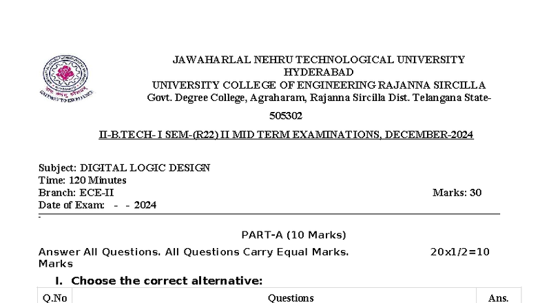 DLD II Midterm Exam Paper - Jawaharlal Nehru Technological University ...