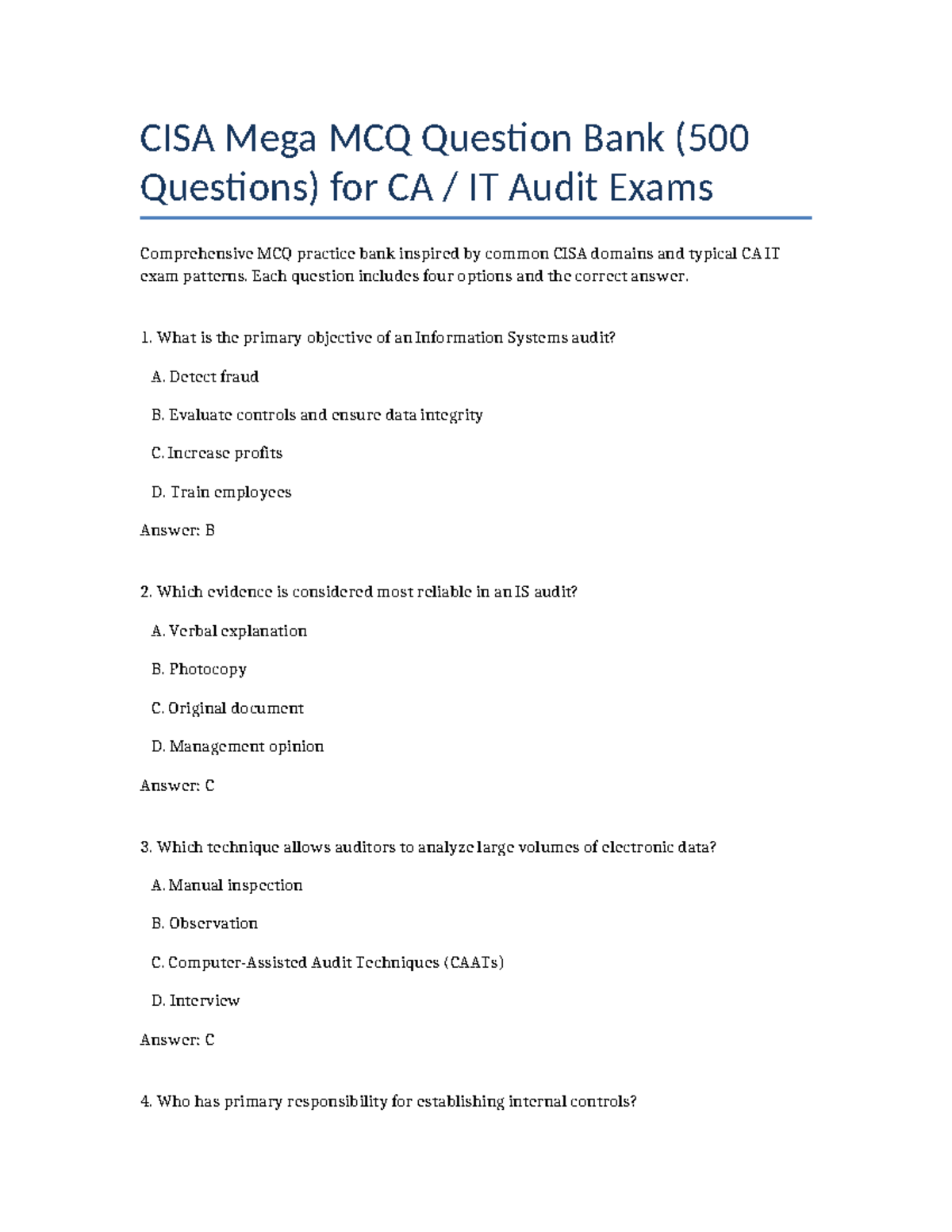 CISA CA Exam Mega MCQ Question Bank (500 Questions) for IT Audit - Studocu
