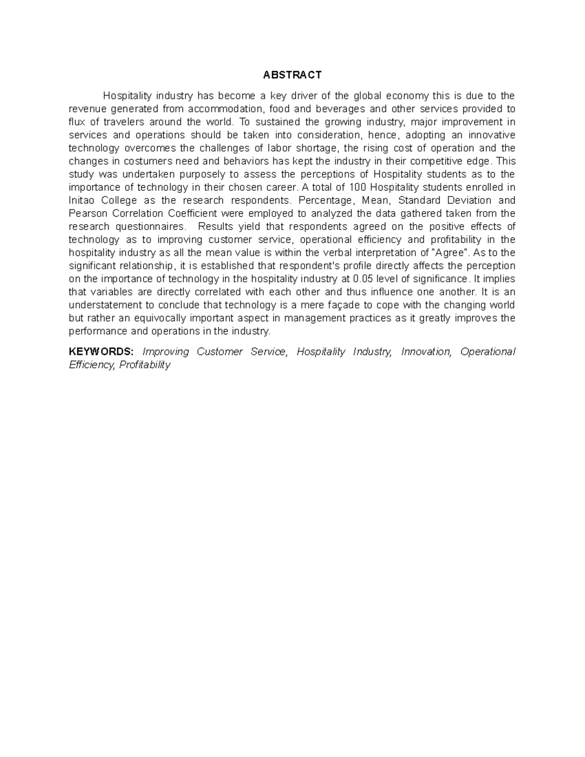 ABSTRACT: Importance of Technology in Hospitality Careers - Studocu