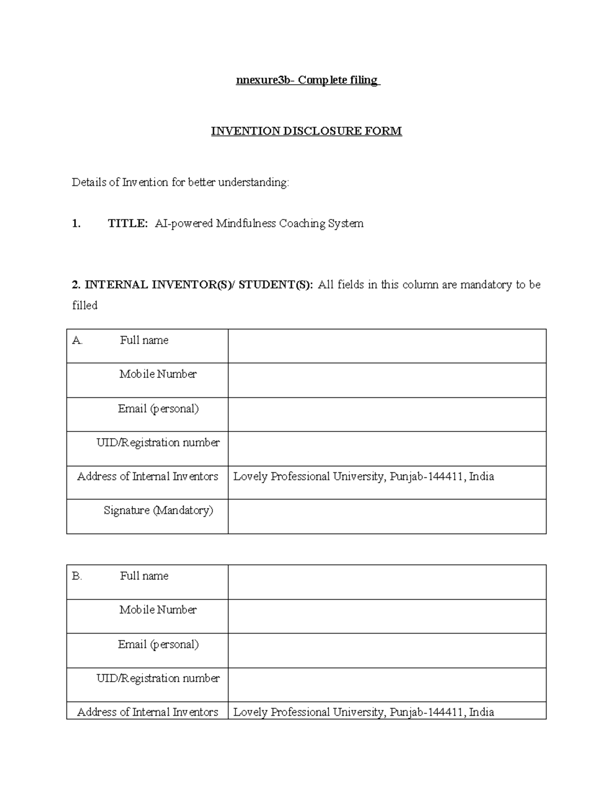 Annexure 1Sample - Summary COD - nnexure3b- Complete filing INVENTION ...