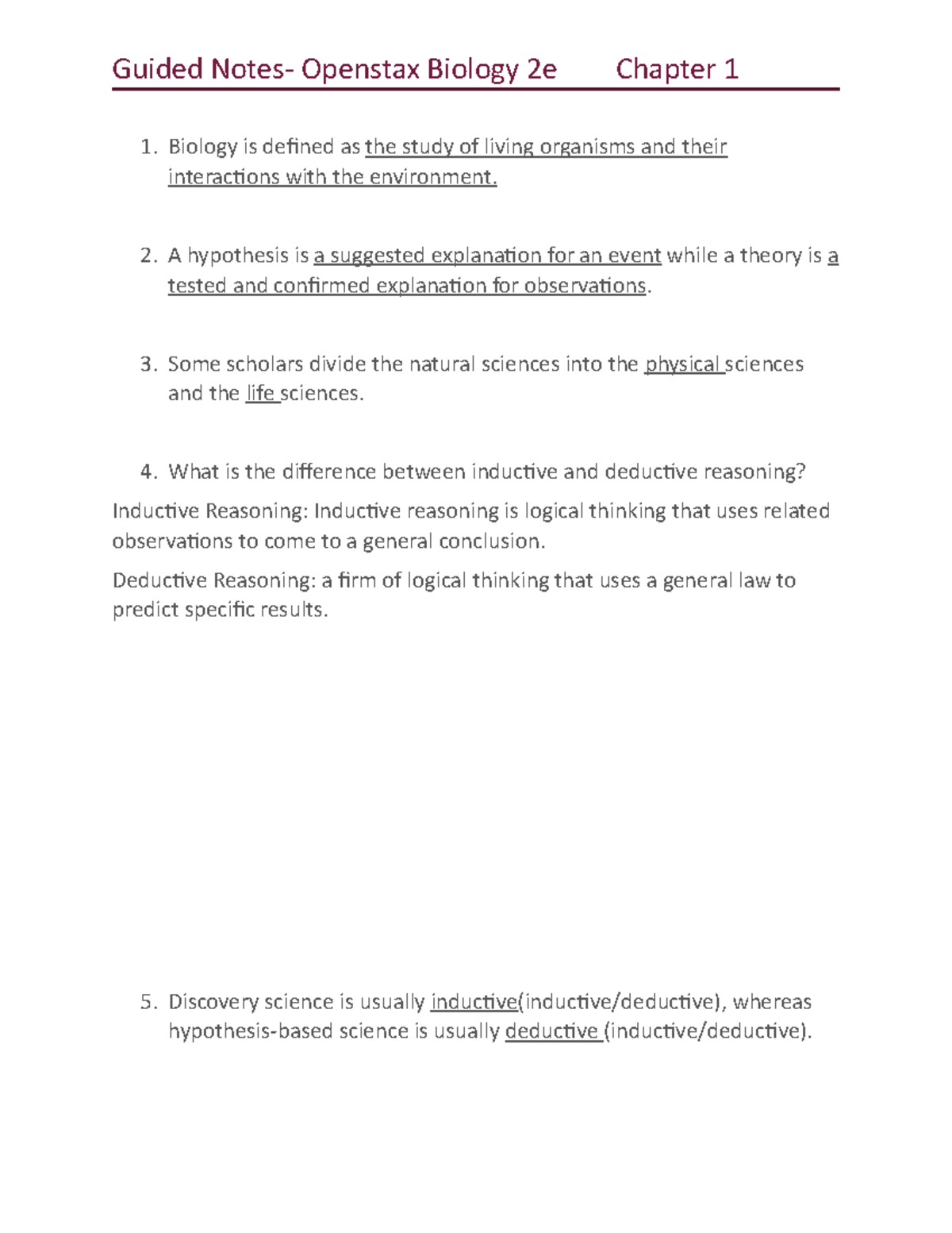 Guided Notes: OpenStax Biology 2e Chapter 1 Overview and Key Concepts ...