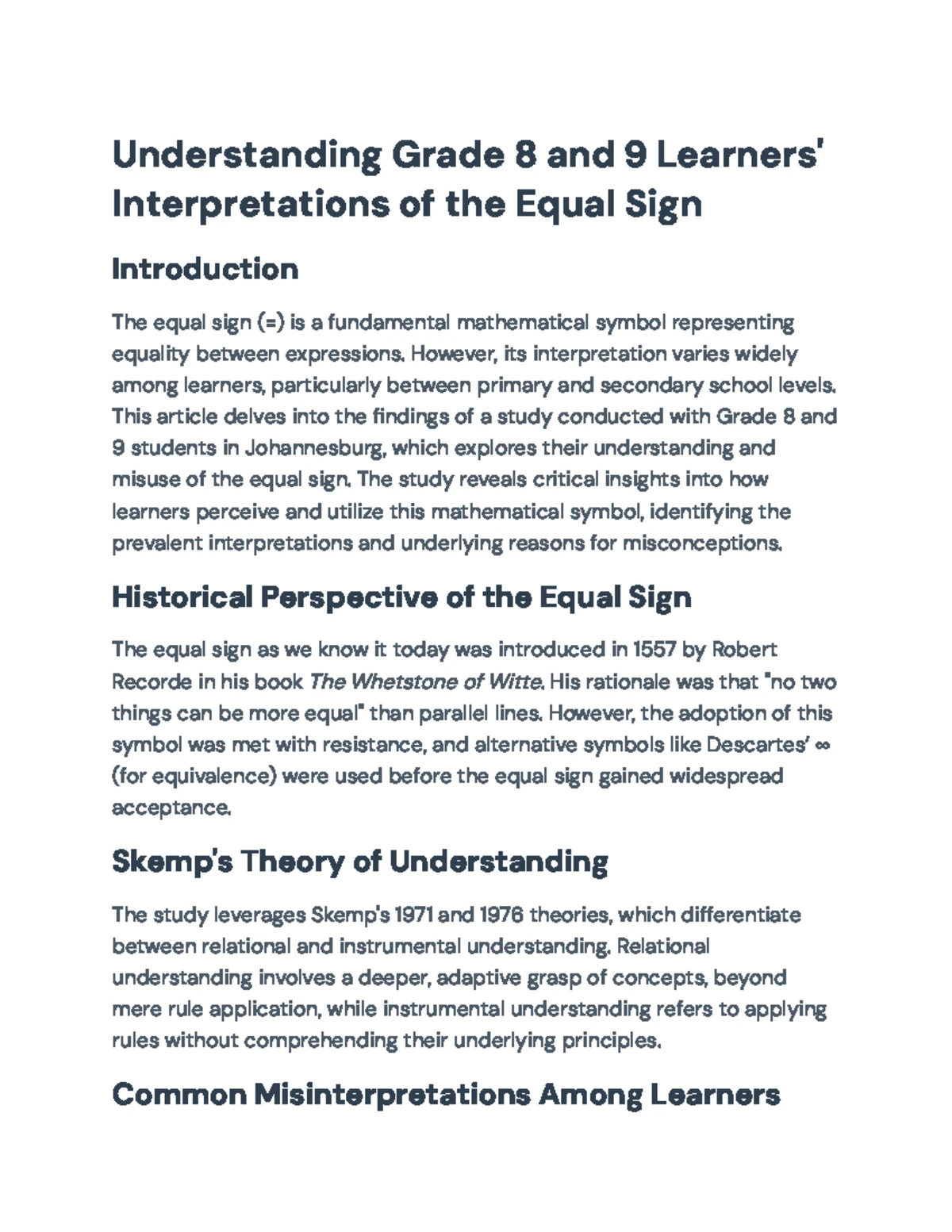 Understanding the Role of the Equal Sign in Mathematics Education ...
