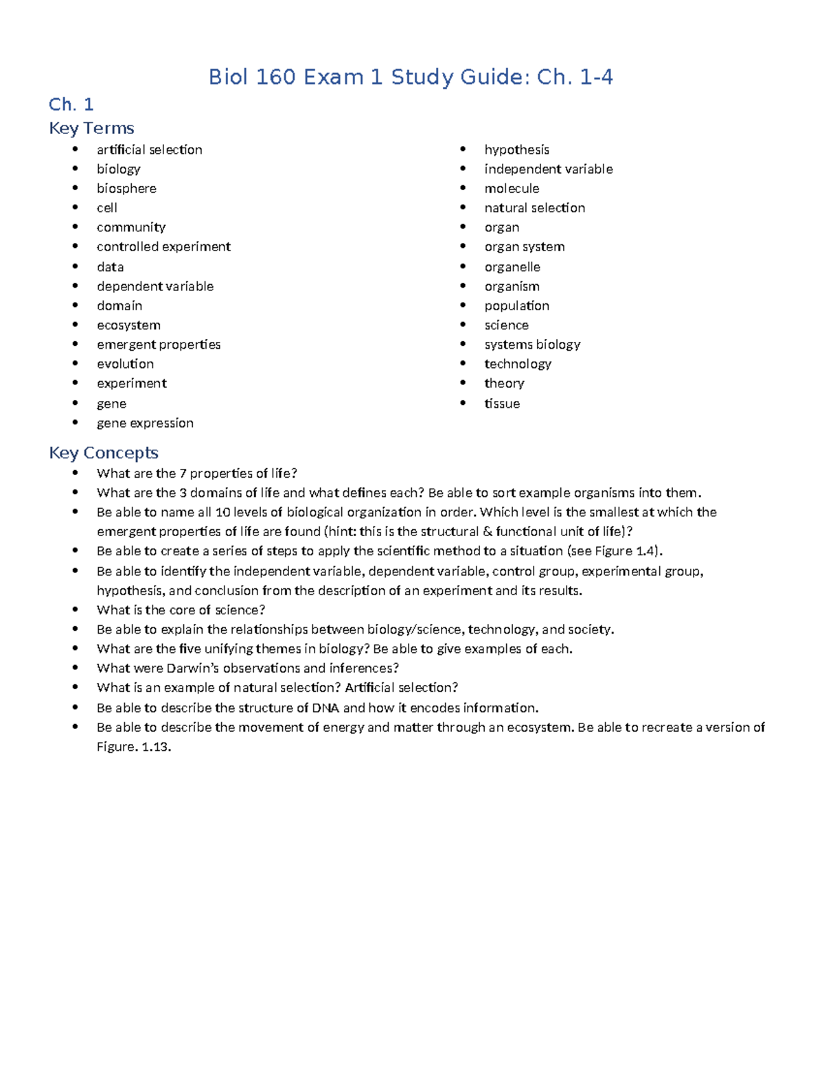Biol 160 Exam 1 Study Guide: Key Terms & Concepts for Ch. 1-4 - Studocu