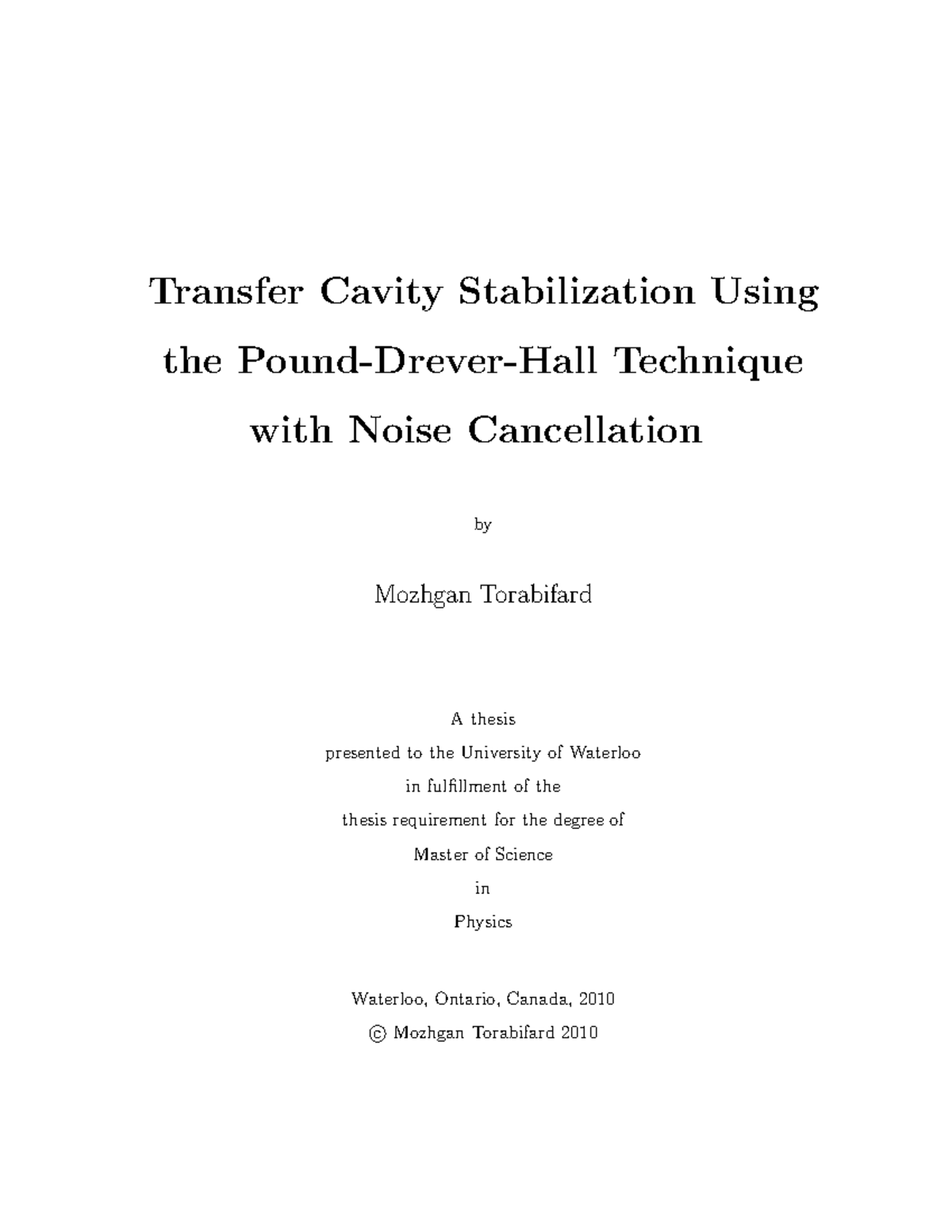 Transfer Cavity Stabilization with Noise Cancellation Techniques - MSc ...