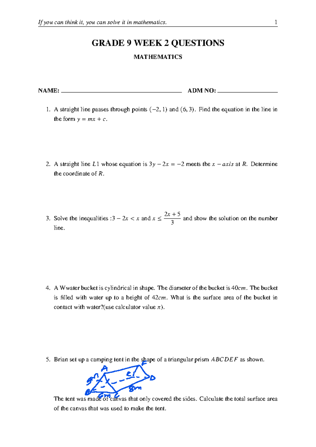 Grade 9 Mathematics Week 2 Questions: Problem Solving - Studocu