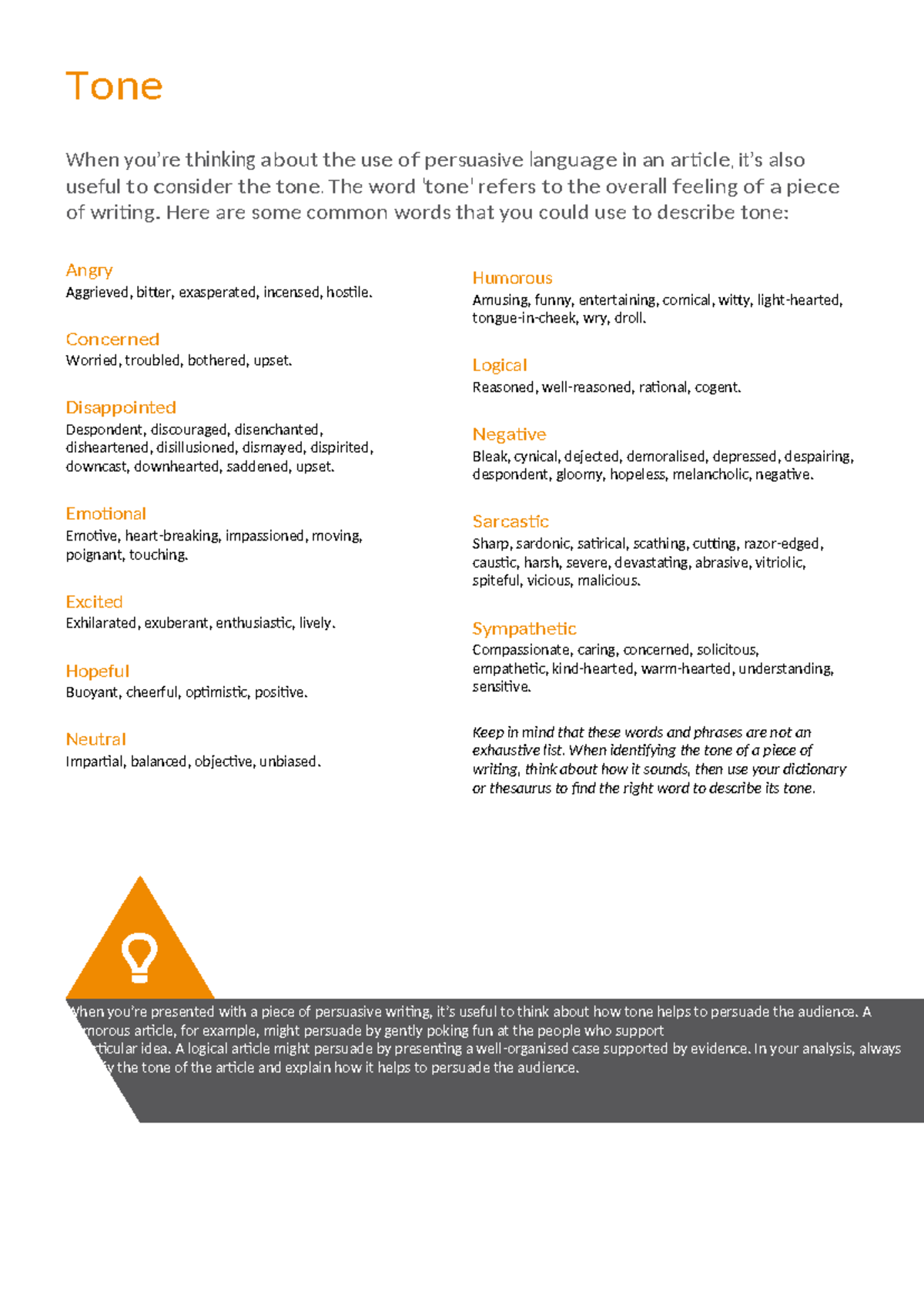 Identifying tone - Notes - Tone W hen y ou’r e thinking ab out the u se ...