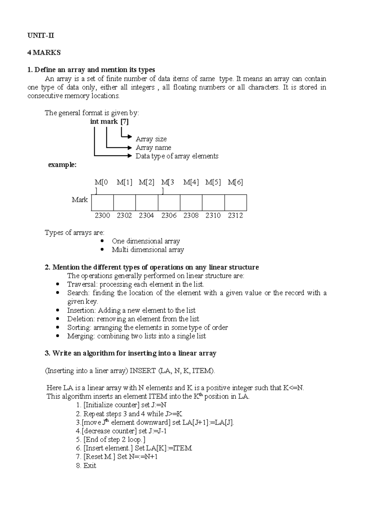 UNIT 2 DS Ai&Ds - KMKNHGB - UNIT-II 4 MARKS Define an array and mention ...