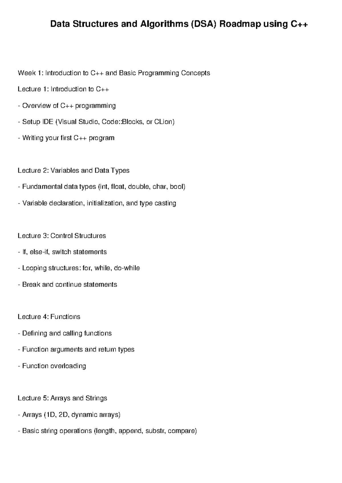 DSA Roadmap: Comprehensive C++ Curriculum Overview - Studocu