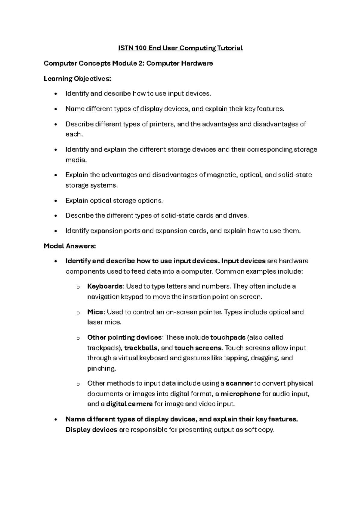 ISTN 100 End User Computing: Computer Hardware Tutorial Notes - Studocu