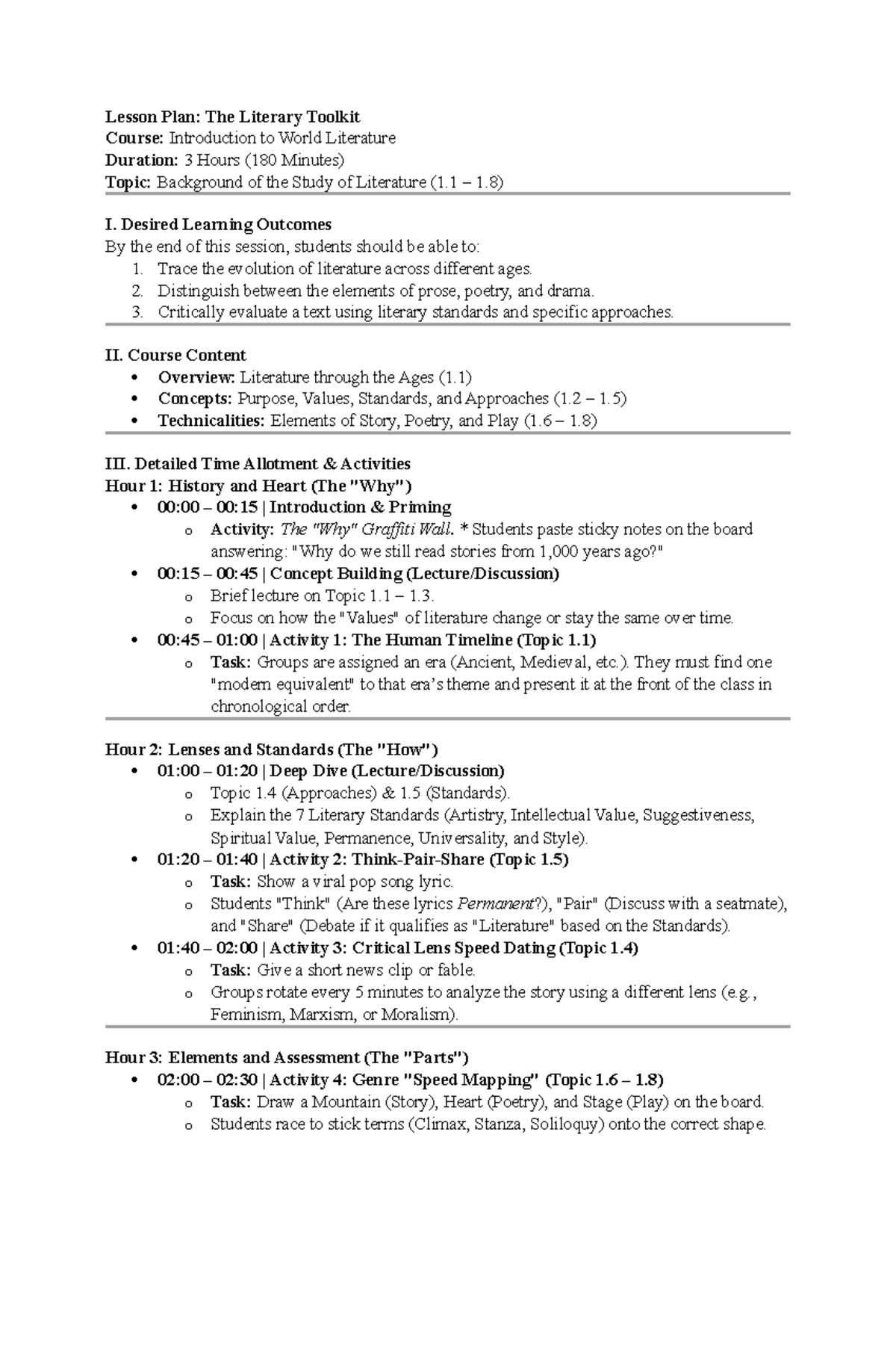 Lesson Plan: The Literary Toolkit (ENG 101) - World Literature Overview ...