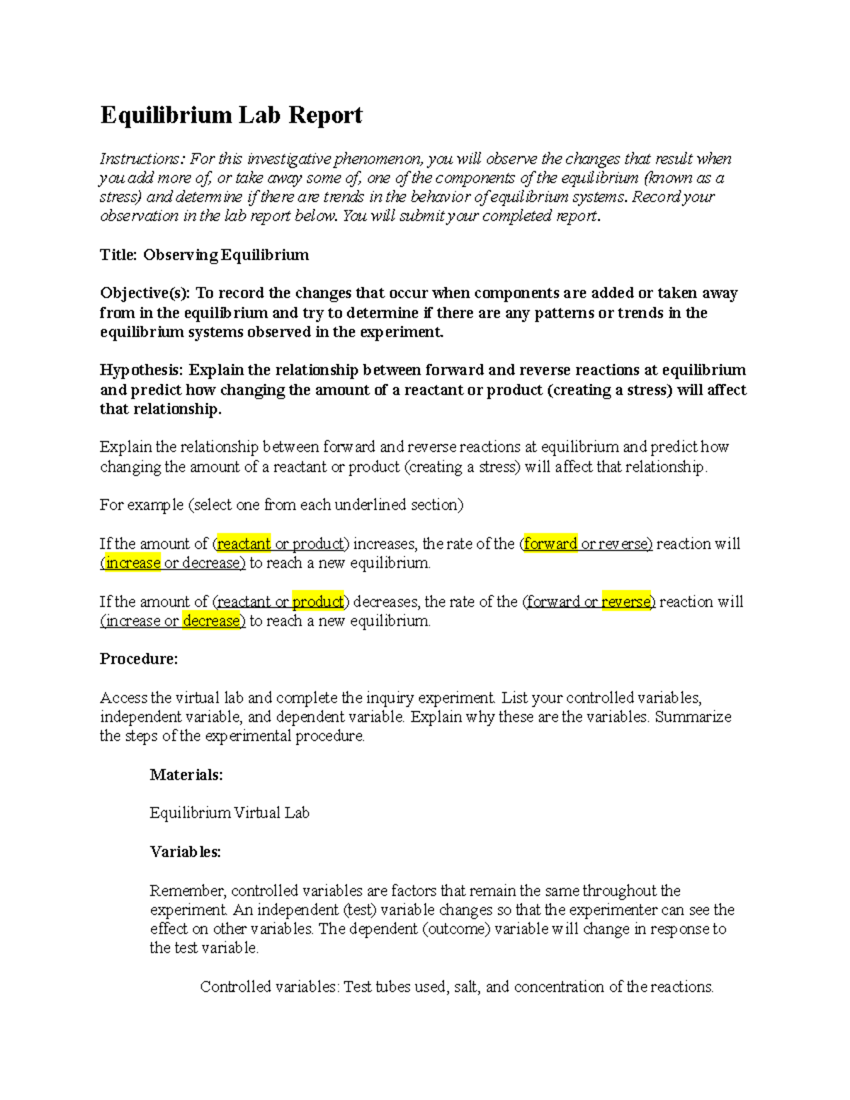 07 06 lab report - English. - Equilibrium Lab Report Instructions: For ...