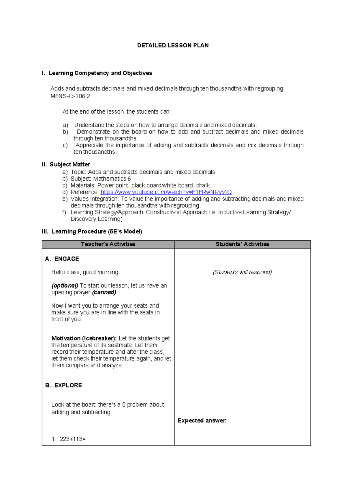MATH6 Q1 W4 D3 - Detailed Decimal Addition & Subtraction Lesson Plan ...