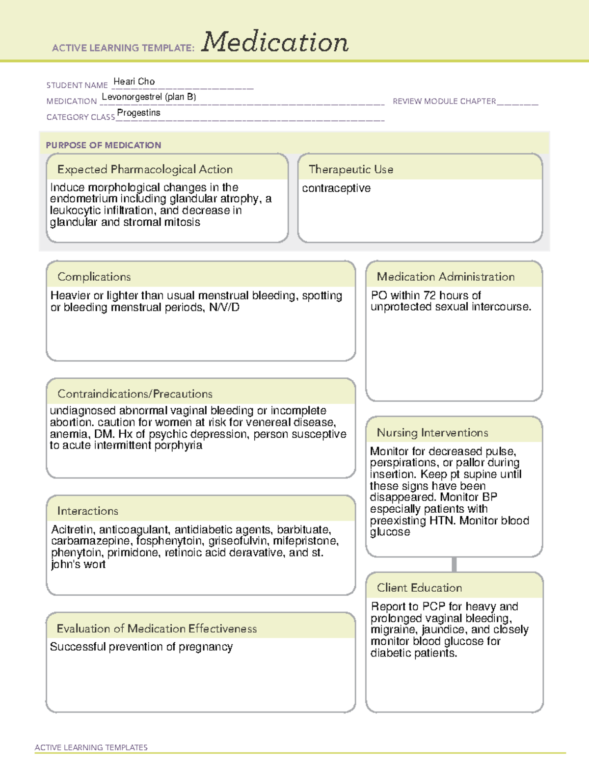 Plan B - med - ACTIVE LEARNING TEMPLATES Medication STUDENT NAME - Studocu