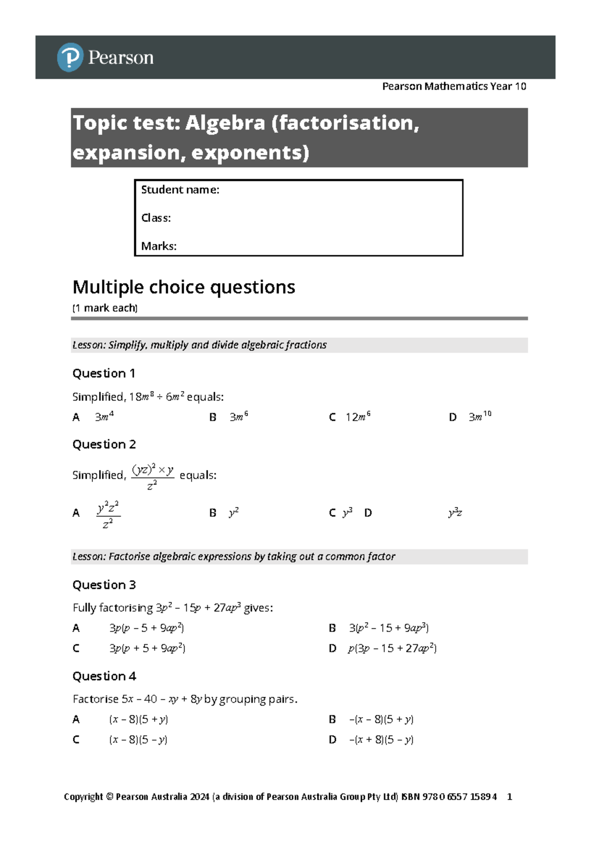 Pearson Mathematics Year 10 Topic Test: Algebra Revision - Studocu