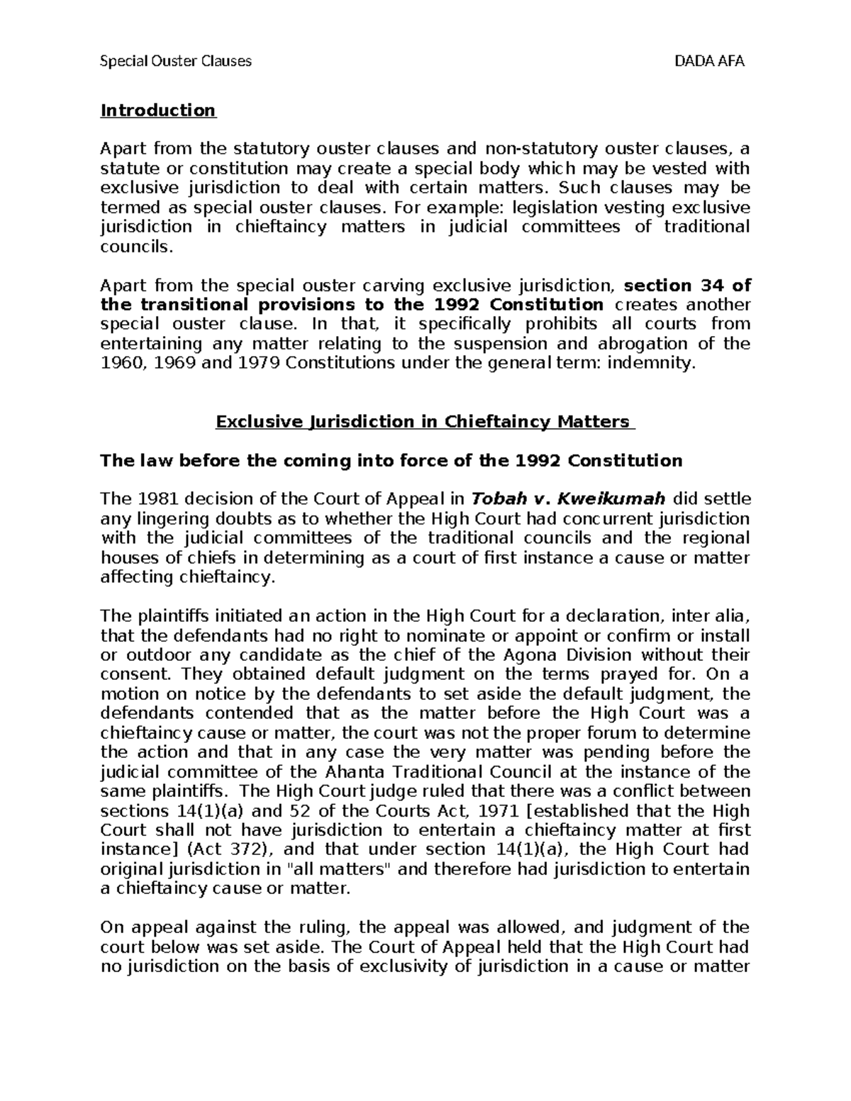 Special Ouster - lecture notes - Introduction Apart from the statutory ...