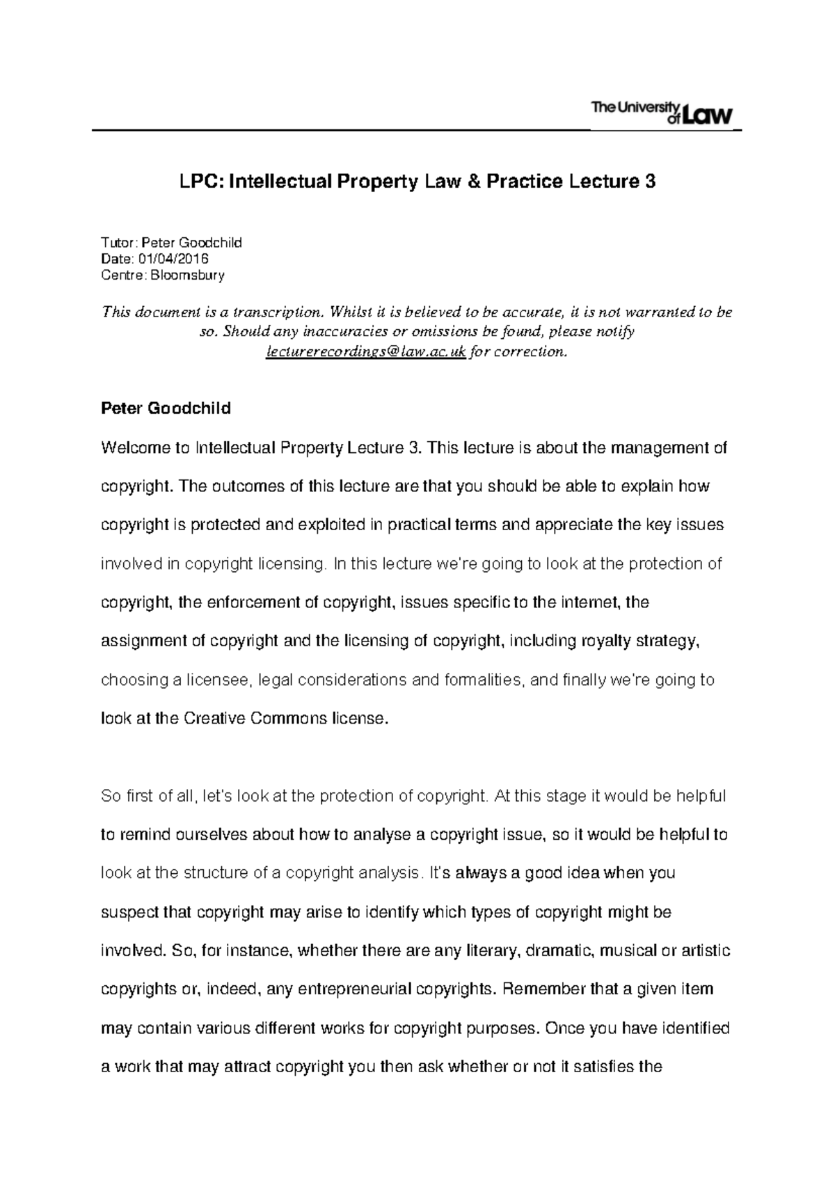 LPC: Intellectual Property Law & Practice - Lecture 3 Summary - Studocu