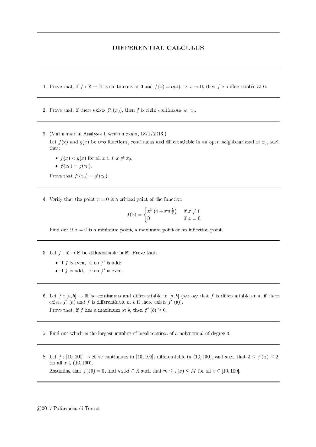 Mathematical Analysis I: Differential Calculus Exam Notes - Studocu
