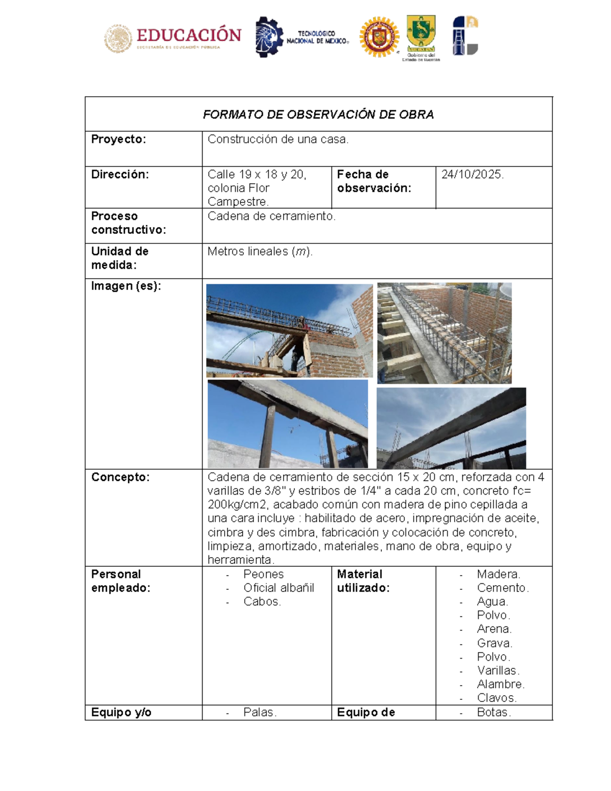 Formato de Observación de Obra: Cadena de Cerramiento en Construcción - Document Preview
