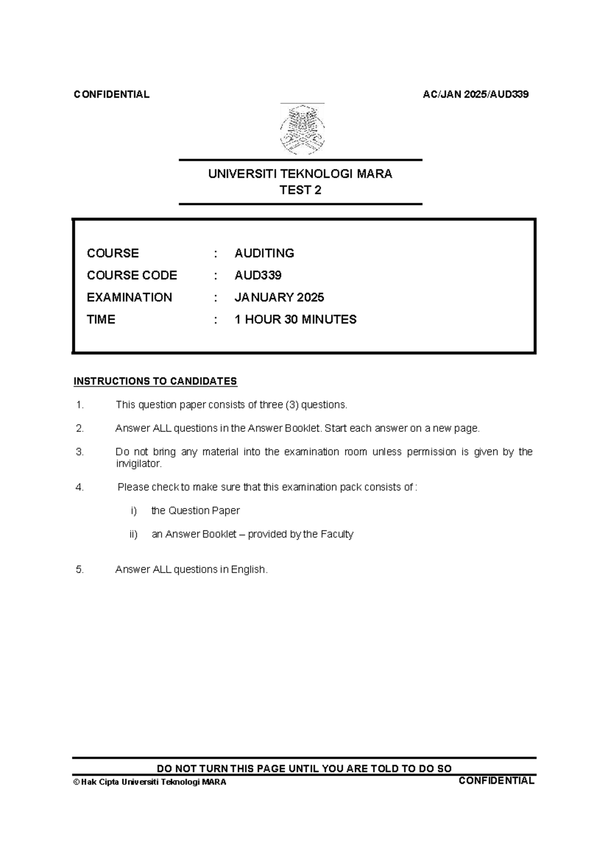 Q - TEST 2 SEM OCT 2024 - AUD339 AUDITING EXAMINATION PAPER - Studocu
