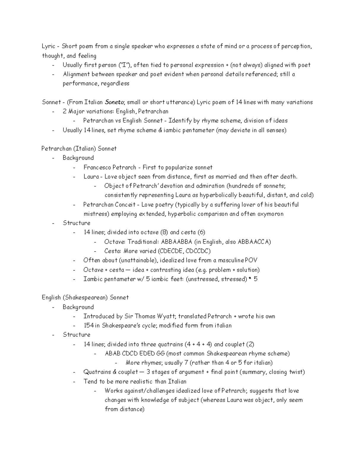 English 1020E Lecture Notes: Understanding Lyric and Sonnet Forms - Studocu