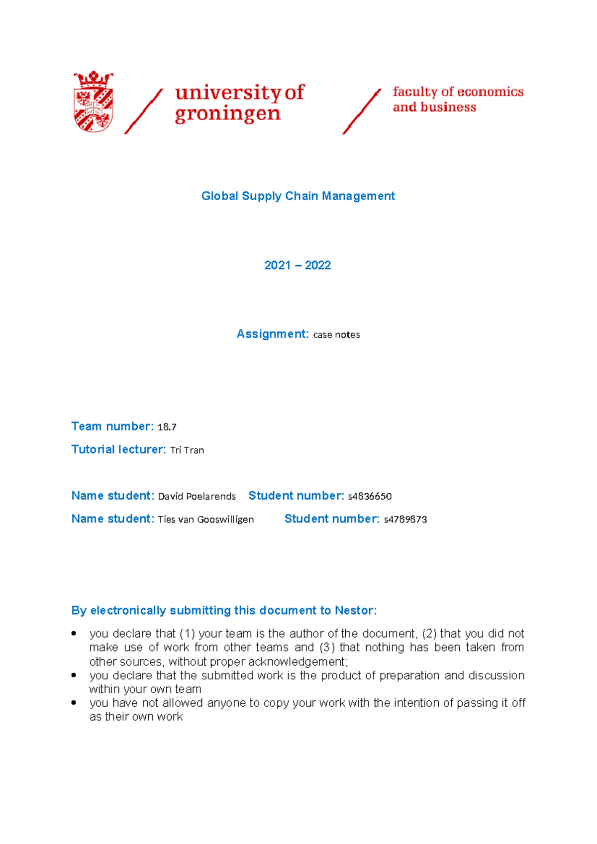 Final Preparation Case Notes for GSCM Tutorial 1 - Studeersnel