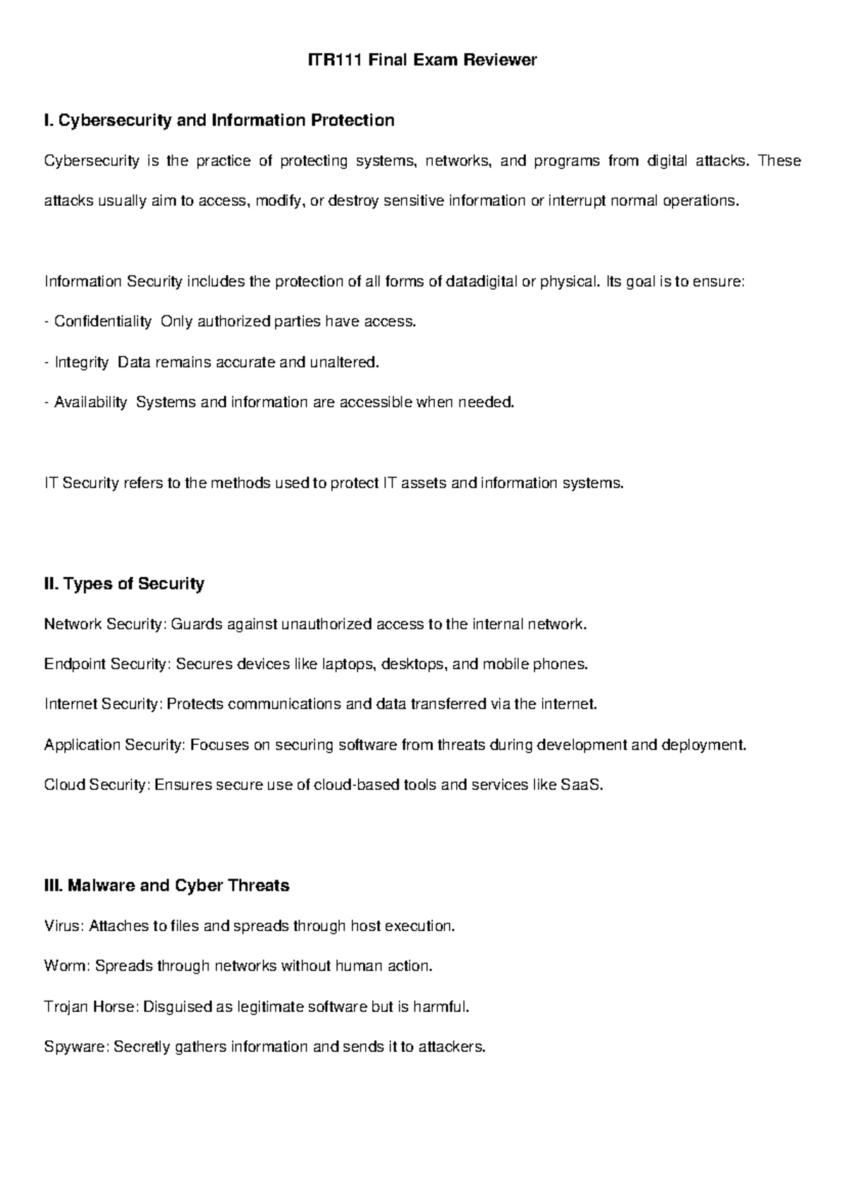 ITR111 Final Exam Reviewer - Cybersecurity Concepts and Threats - Studocu