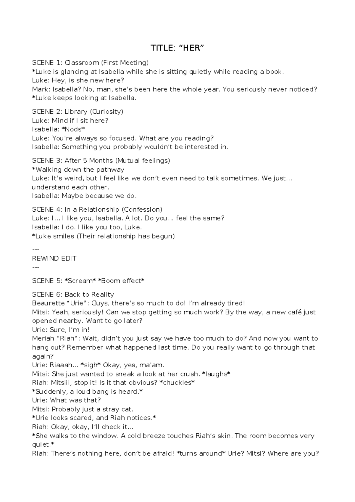 SCRIPT FOR FILM: “HER” - A Romantic Drama in School Context - Studocu