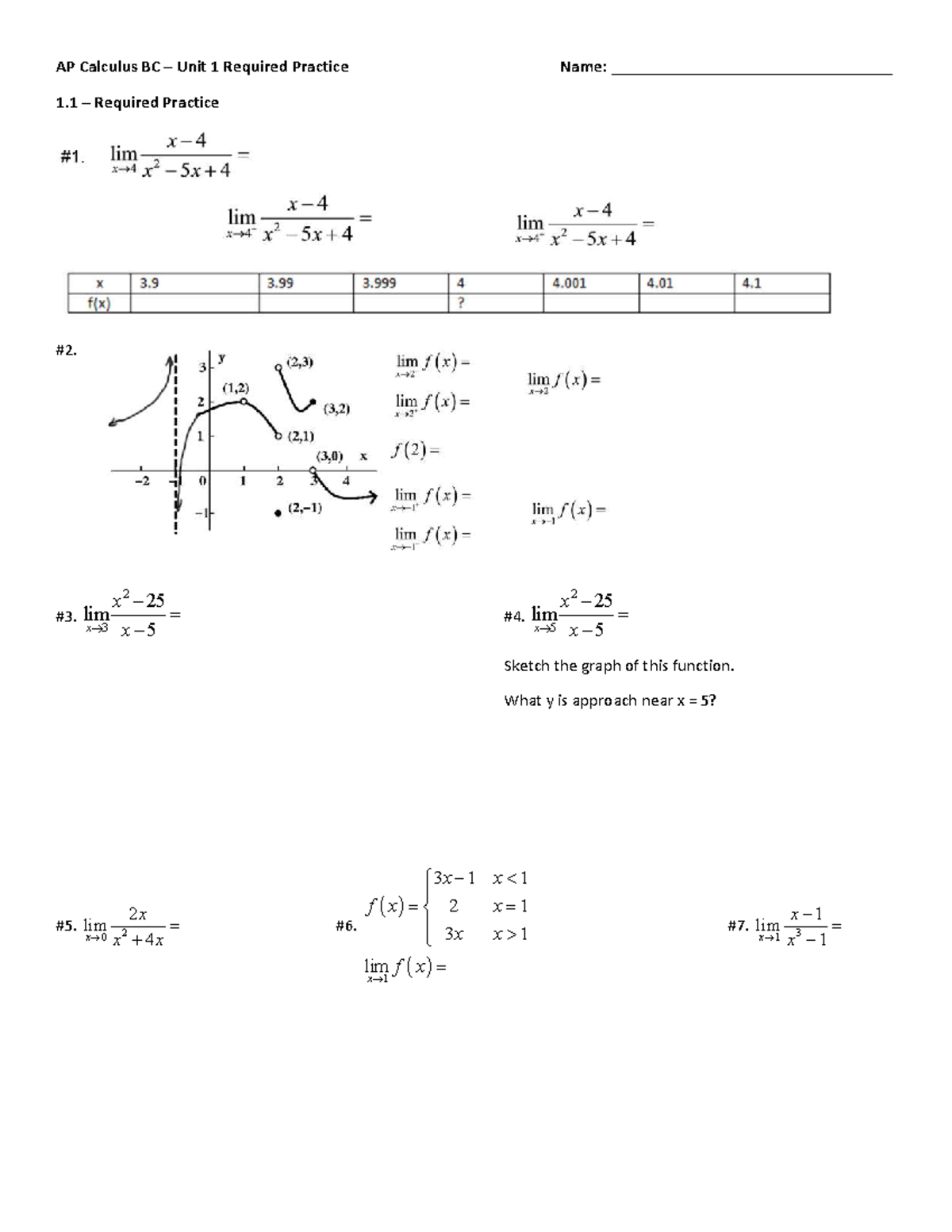 AP Calculus BC Unit 1 Required Practice Exercises and Solutions - Studocu