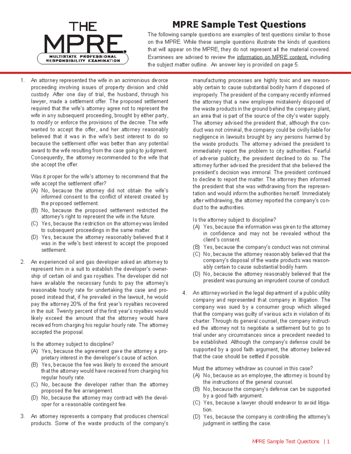 MPRE Practice Questions - MPRE Sample Test Questions The following ...