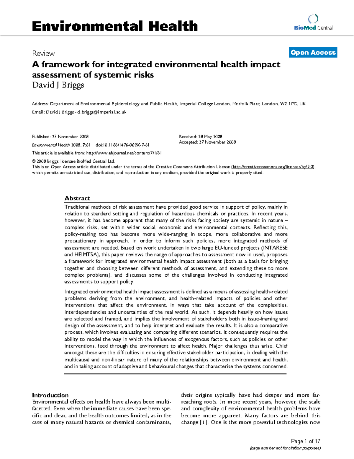 Integrated Environmental Health Impact Assessment Framework (ENVH 2008 ...