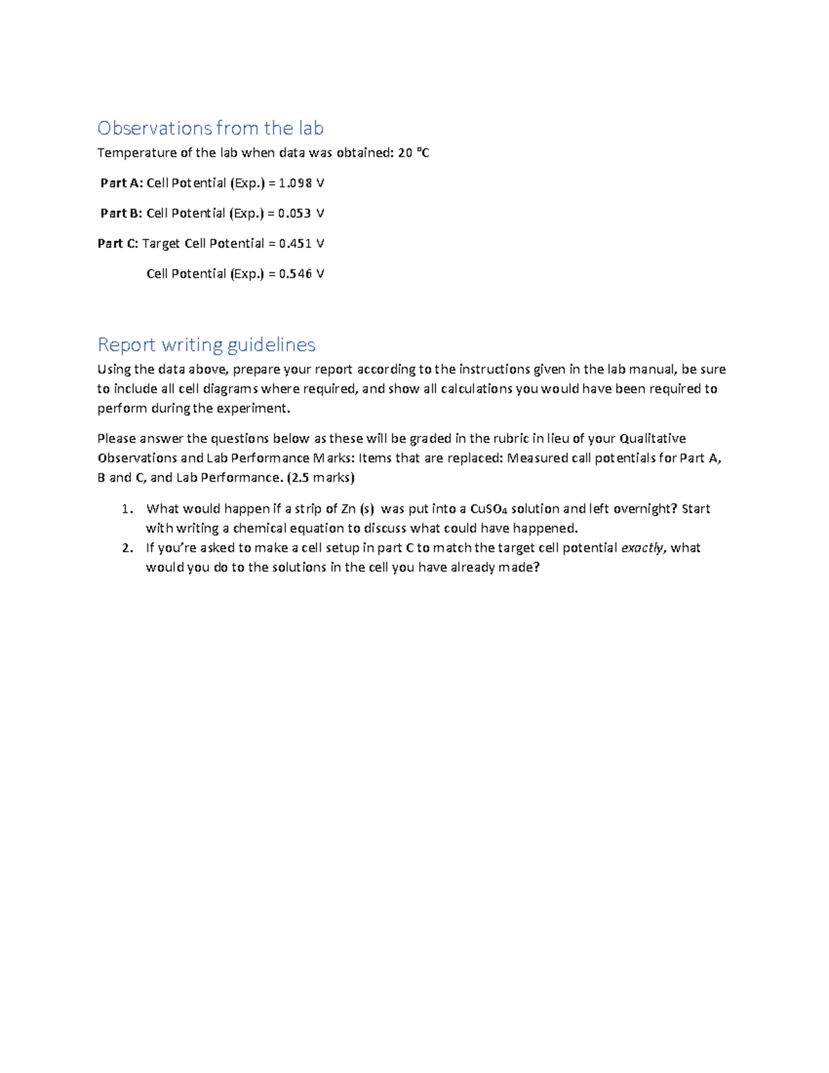 Chem 101 Lab 5 Data Set Observations and Report Writing Guidelines ...