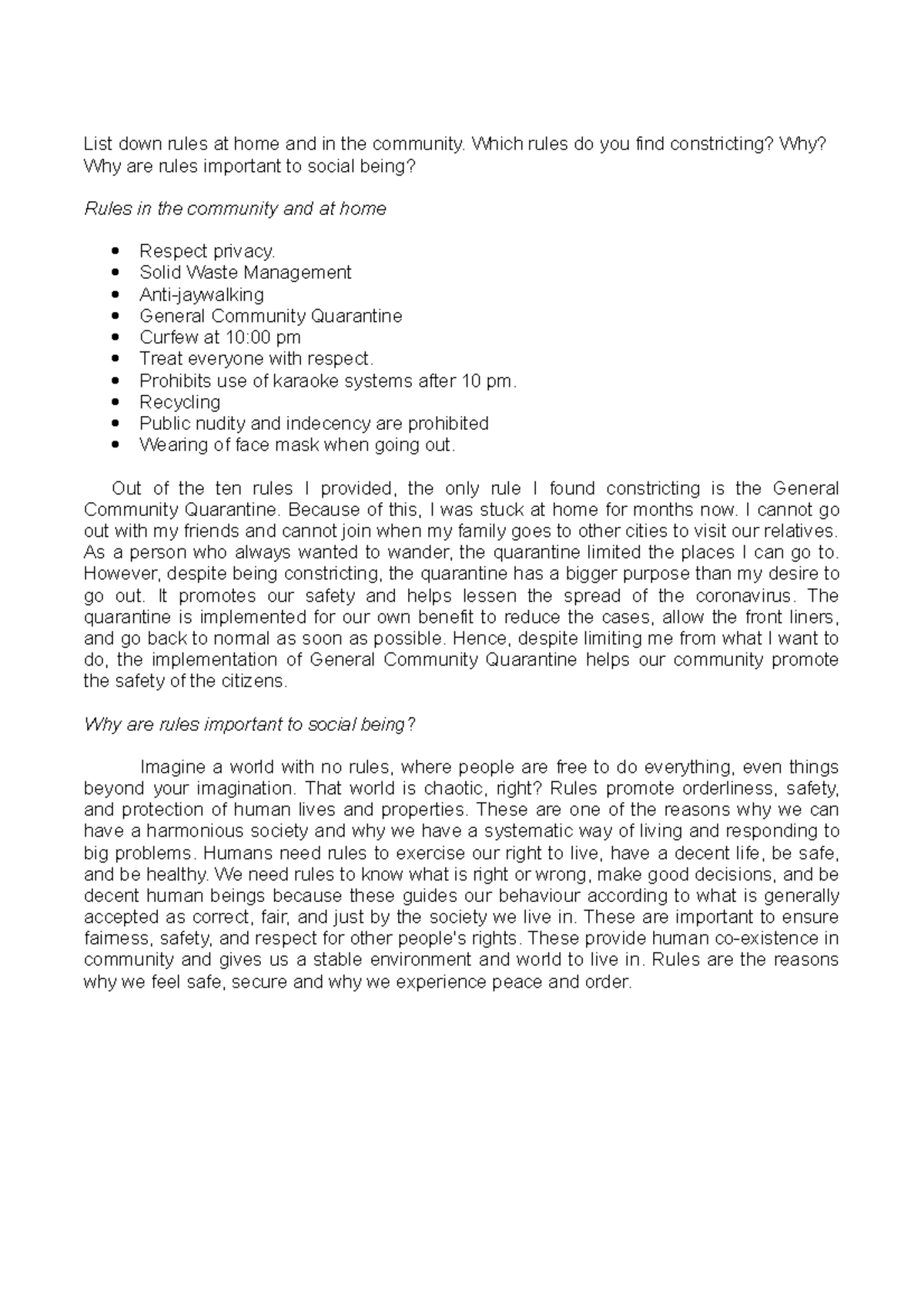 Ethics Reflection - List down rules at home and in the community. Which ...