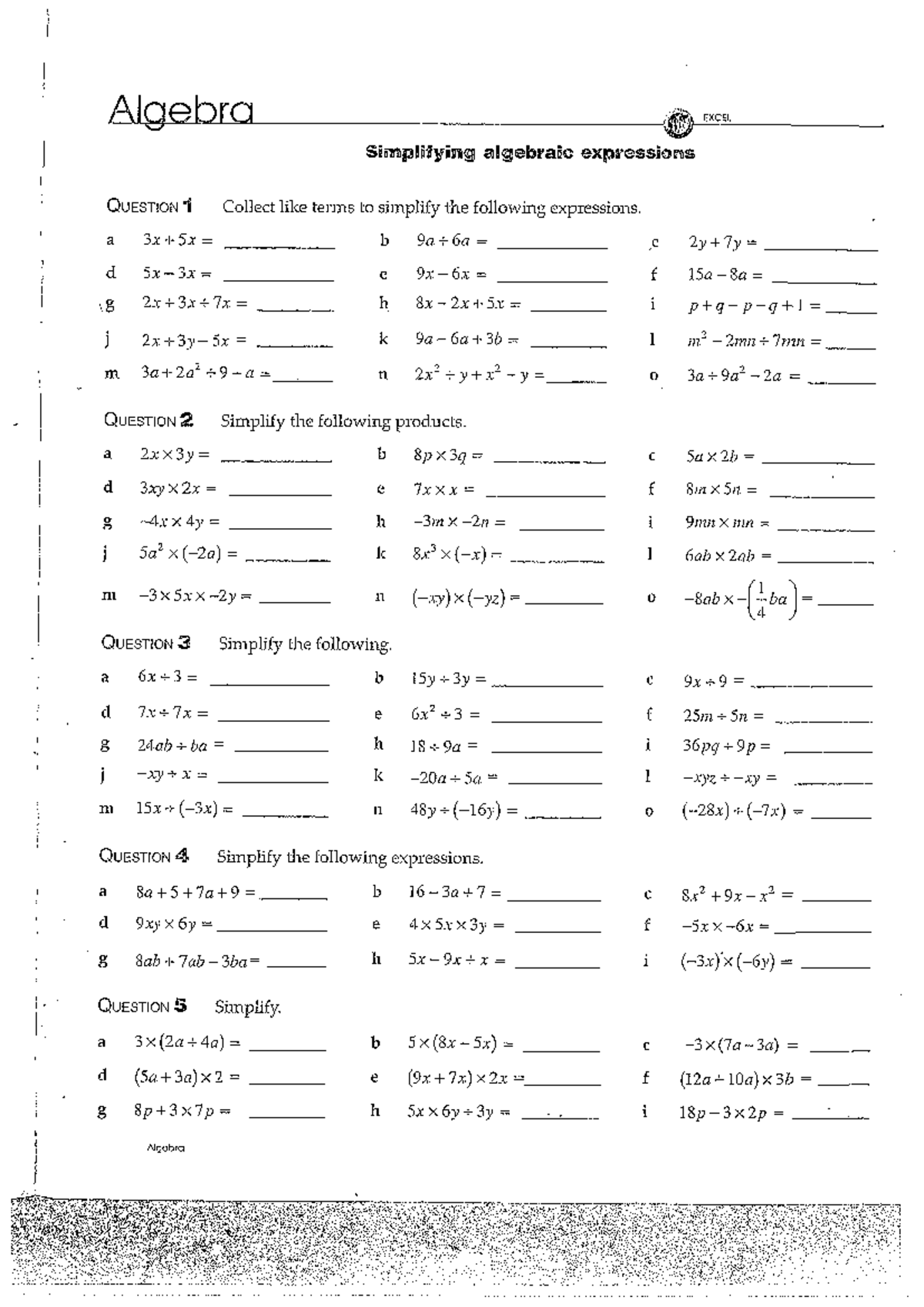 Algebra EXCEL Simplifying Algebraic Expressions Worksheet & Answers ...