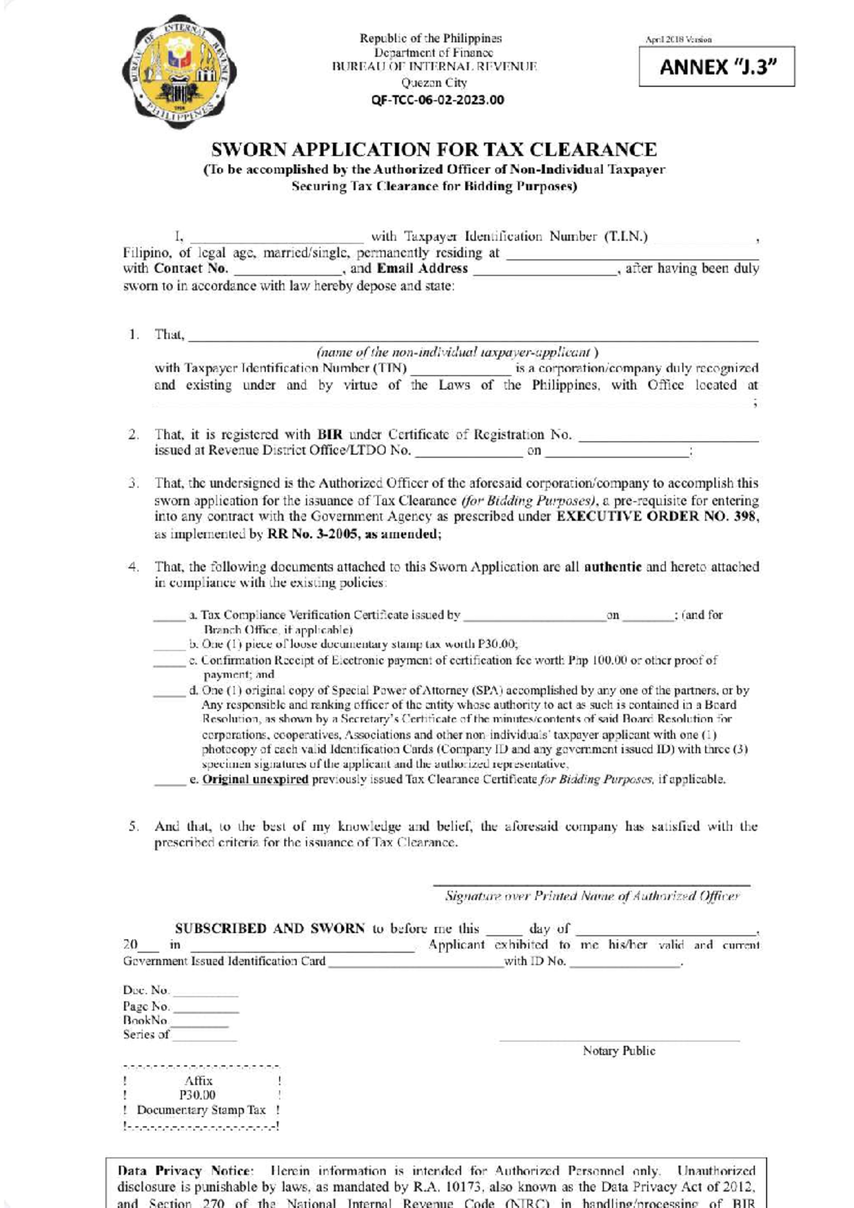 Sworn Application for Tax Clearance - Annex J (BIR) - Studocu