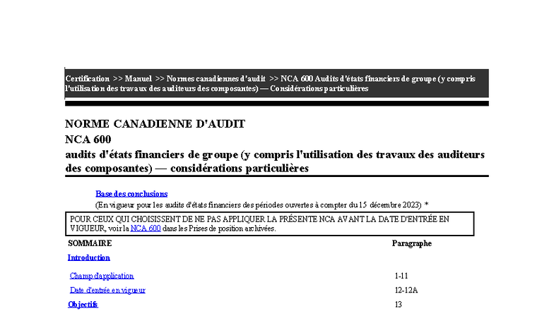 NCA 600 - Audits Financiers de Groupe : Normes et Considérations ...